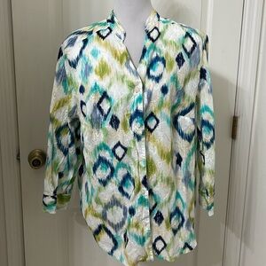 Alfred Dunner Geometric White/Turquoise/Blue Button Up Blouse Sz 18W
